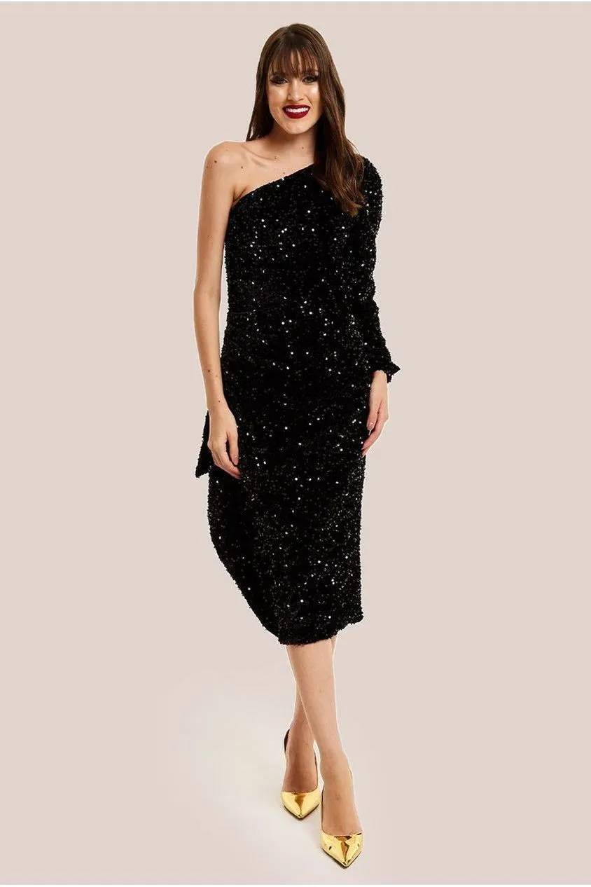Liquorish One Shoulder abito midi velluto paillettes nero