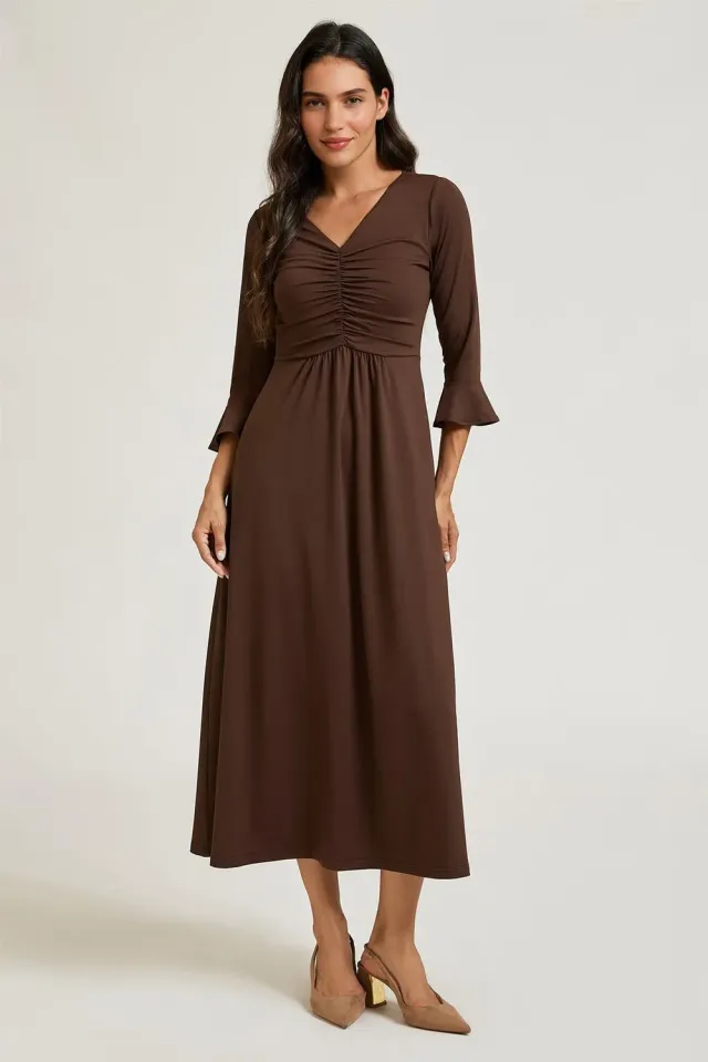 FS Collection Ruched Abito Midi Marrone Jersey Elasticizzato