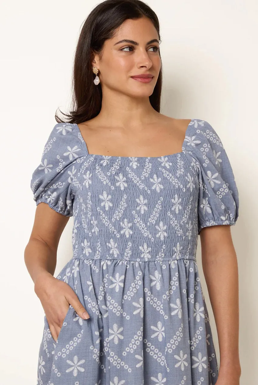 Blue Vanilla abito midi floreale blu scollo quadrato S/M