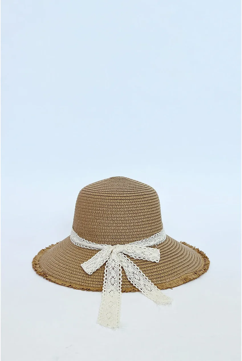 SVNX Lace Ribbon Straw cappello paglia marrone nastro pizzo
