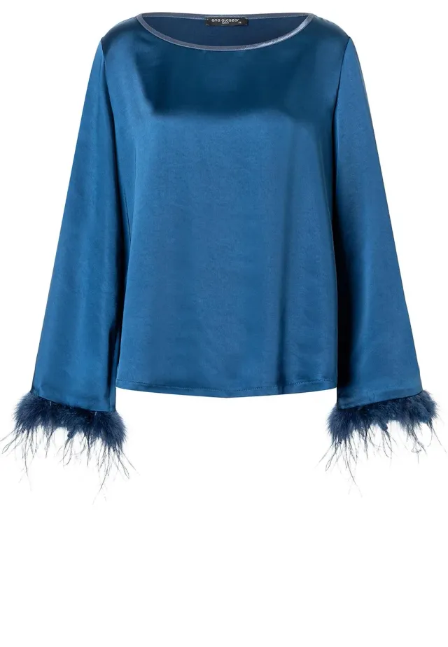 Ana Alcazar Sibala top raso blu maniche piume