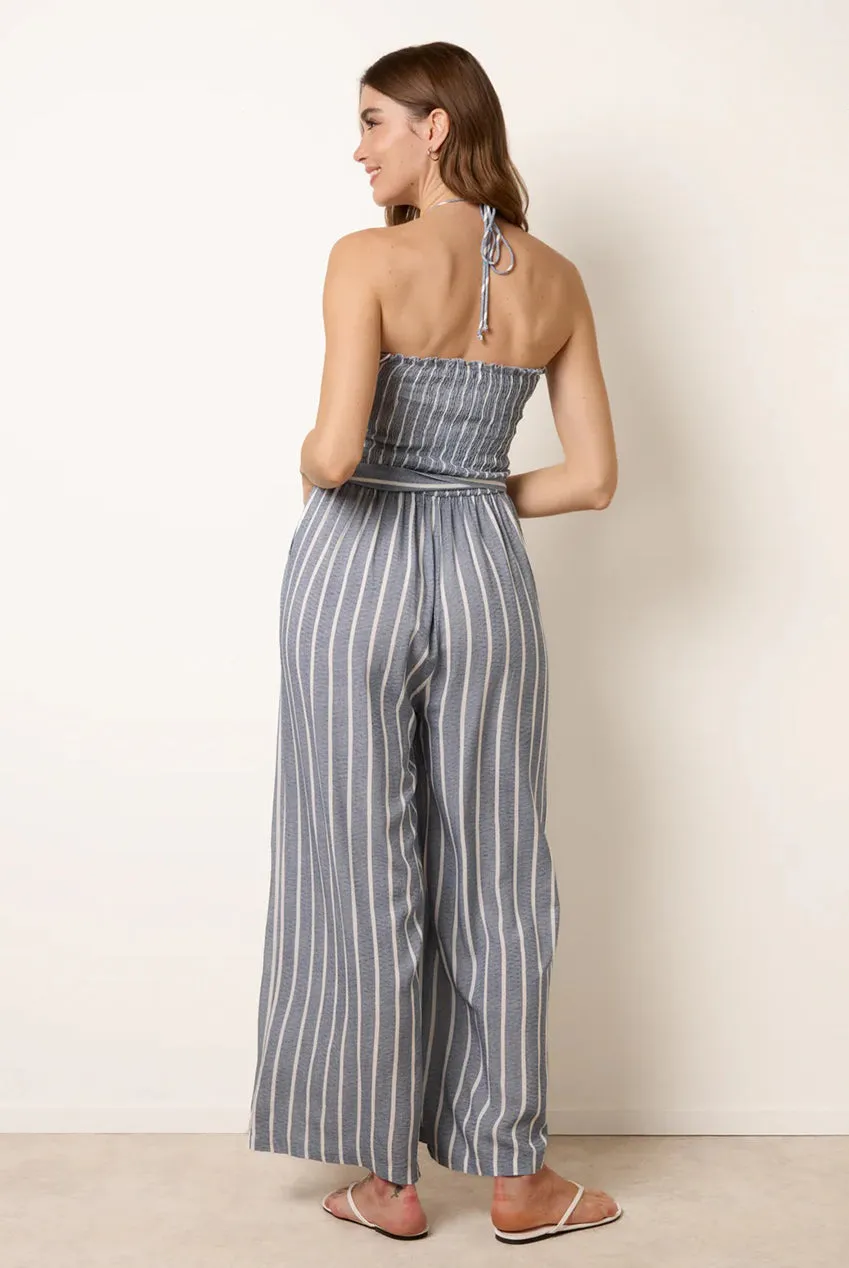 Blue Vanilla Bardot Tie Neck tuta gessata blu denim