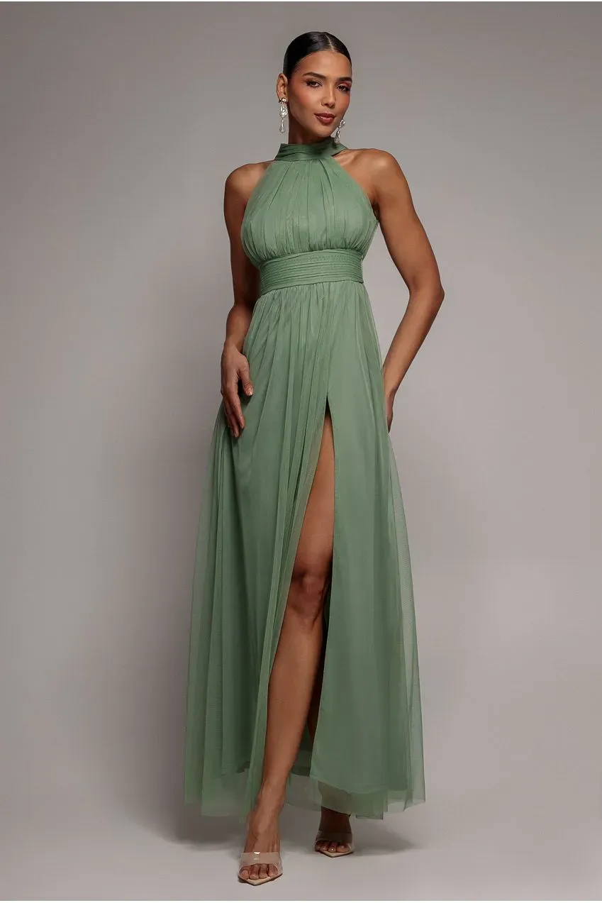 Goddiva Mesh Tie abito lungo salvia scollo halter con spacco