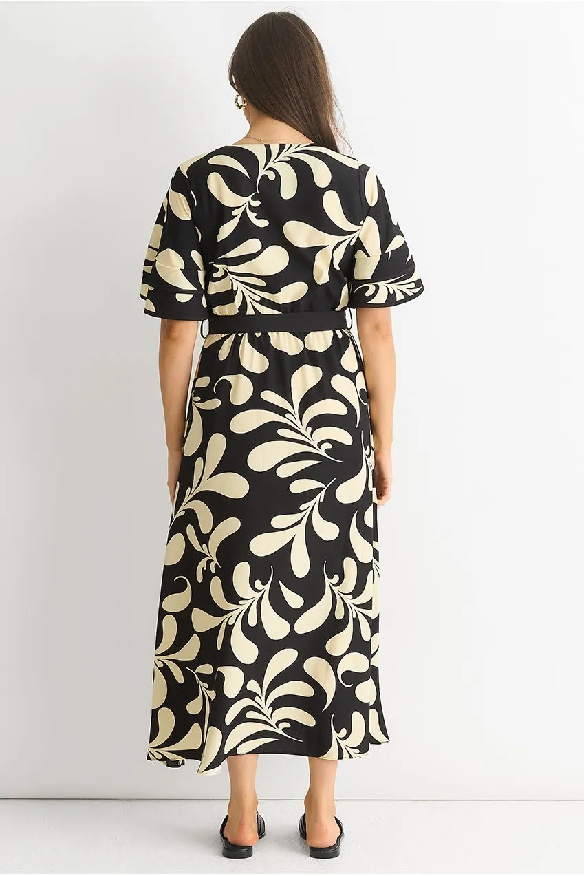 Gini London Floral V Neck abito midi nero floreale