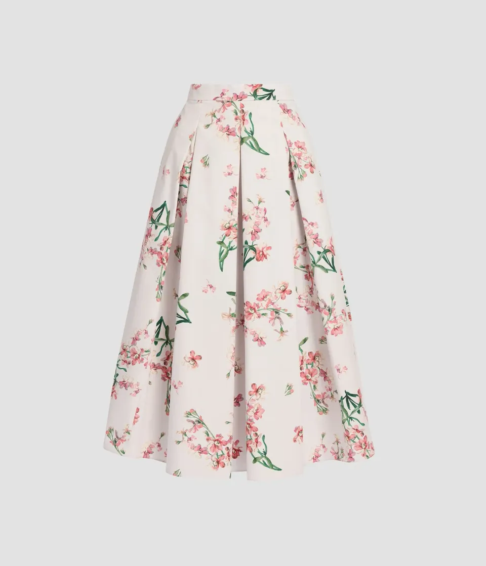 Erdem Floral Cotton Midi Pleated Skirt gonna midi fiori