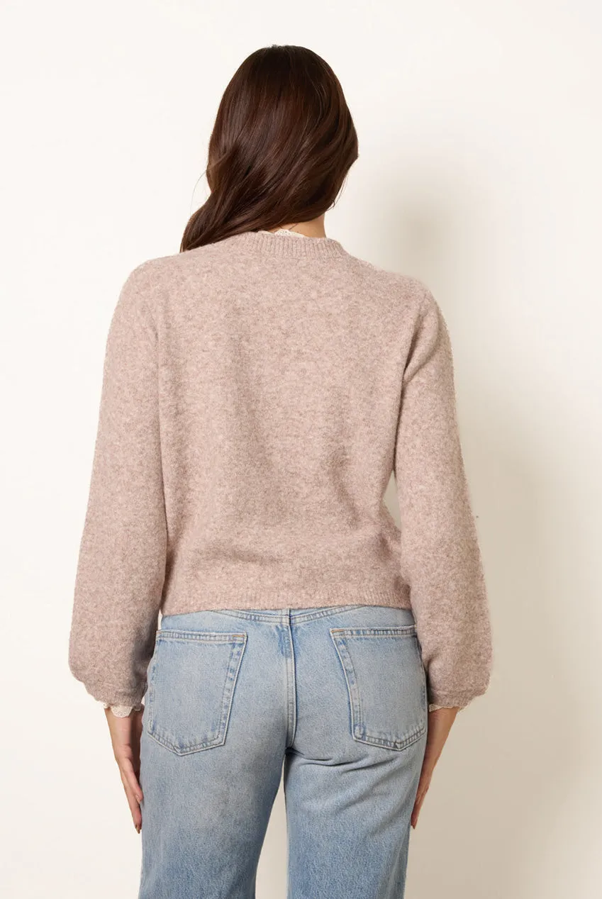 Blue Vanilla Lace Trimmed cardigan tortora pizzo manica lunga