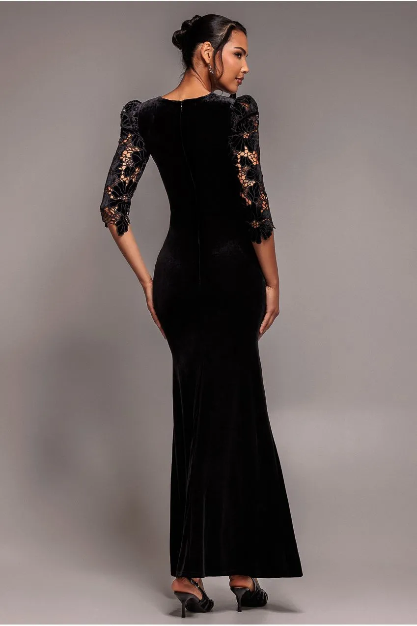 Goddiva Scalloped Abito Lungo Nero Velluto Pizzo