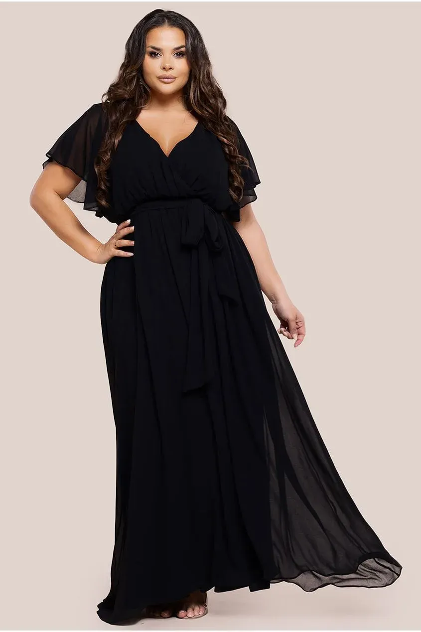Goddiva Plus Flutter Sleeve Wrap abito maxi nero