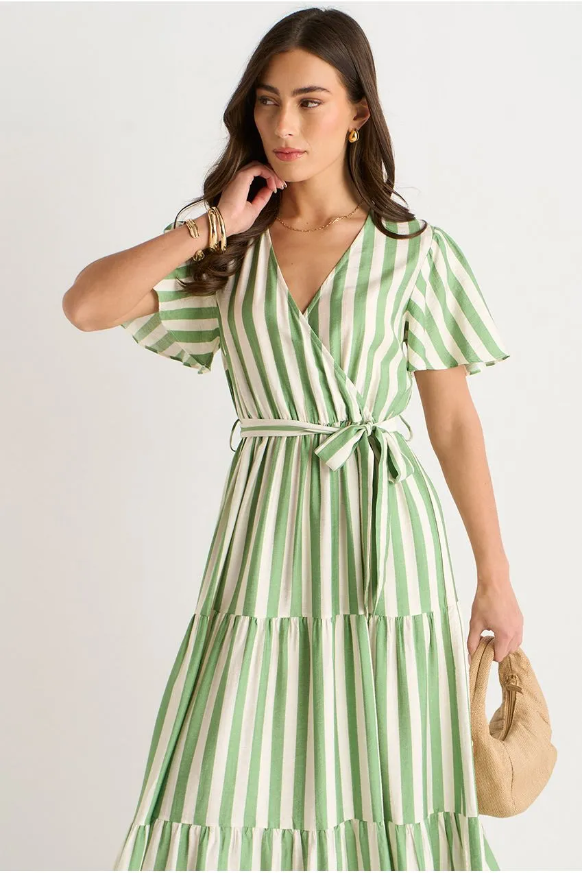 Gini London Wrap abito midi verde salvia a righe viscosa