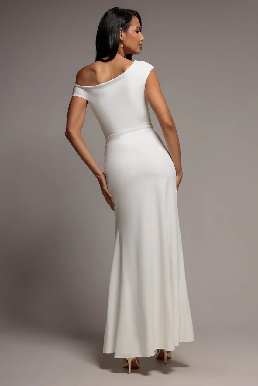 Goddiva One Shoulder abito maxi bianco scuba spacco