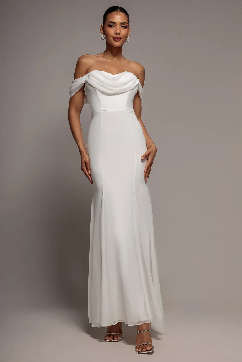 Goddiva Chiffon Bardot Cowl Neck abito maxi bianco scollo