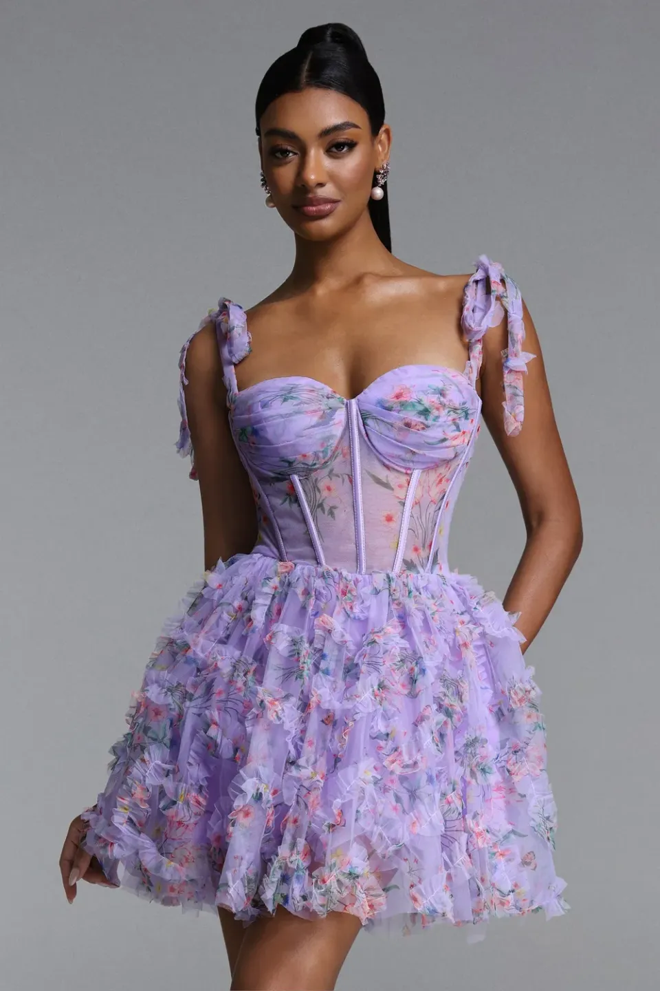 Bella Barnett Mitra abito mini viola corsetto floreale