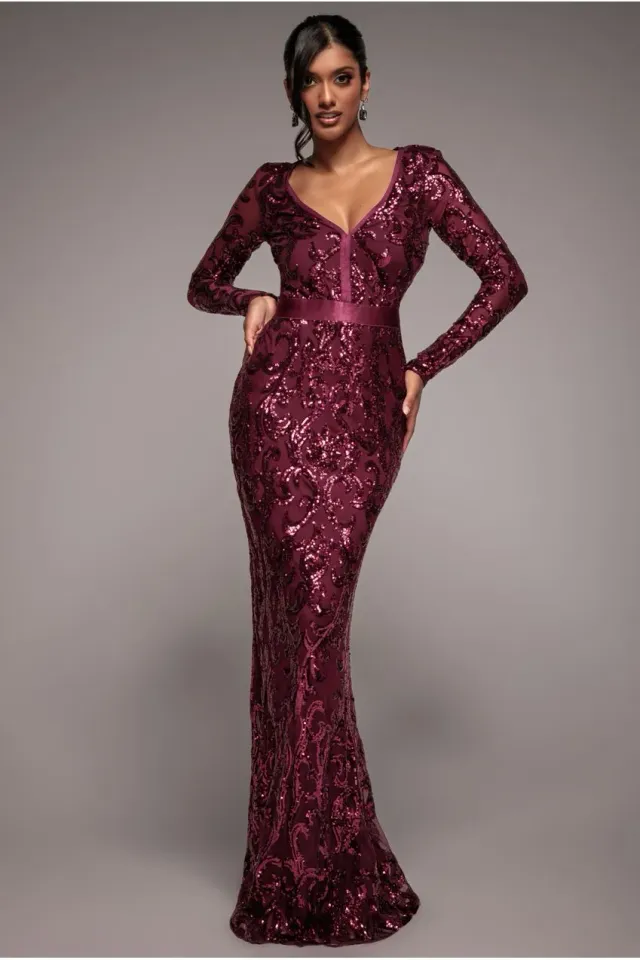 Goddiva DR3476 abito lungo bordeaux paillettes ricamate