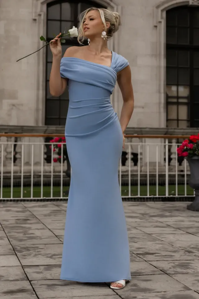Goddiva One Shoulder abito maxi azzurro scuba