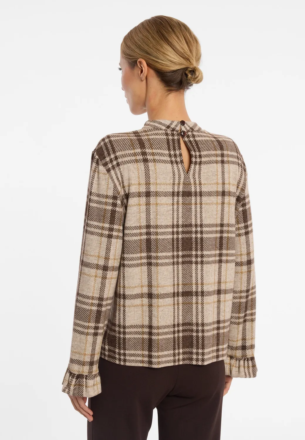 Ana Alcazar Encory top scozzese beige con rouche