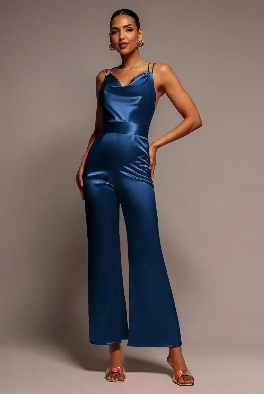 Goddiva Satin Cowl Neck jumpsuit raso blu navy
