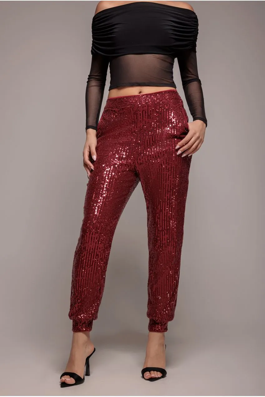 Goddiva Sequin pantaloni bordeaux paillettes caviglia