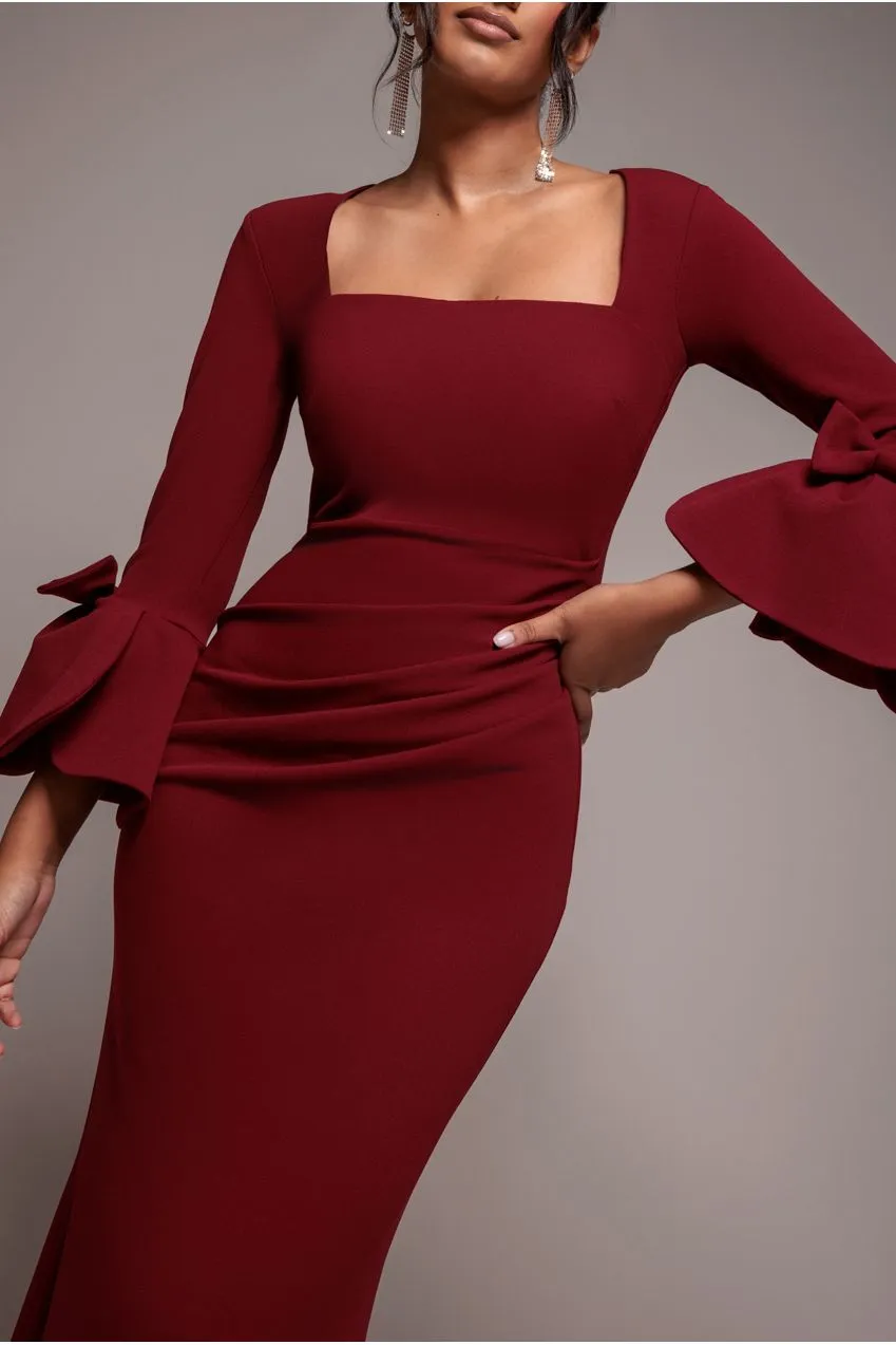 Goddiva Petal Bow Sleeve Frill abito lungo vino scollo quadrato