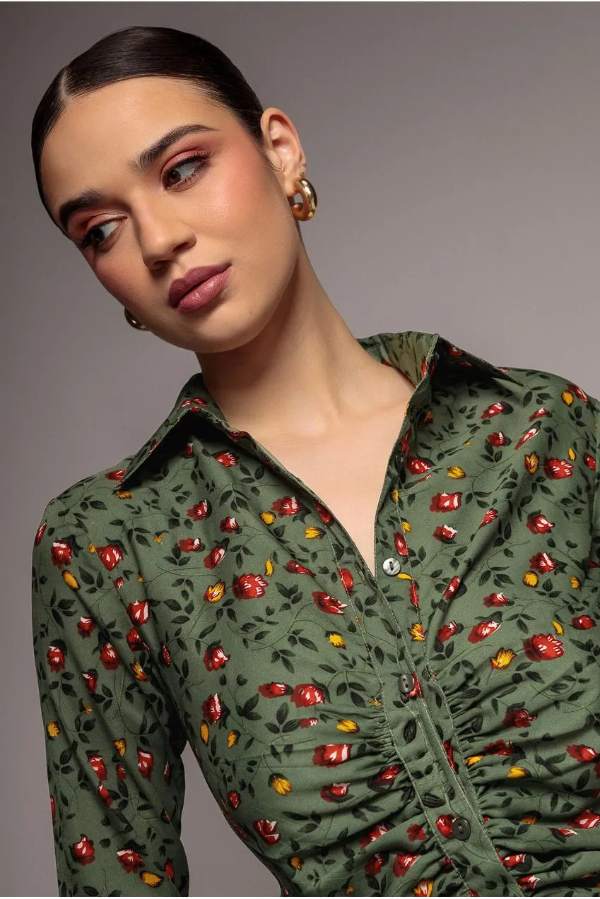 Goddiva Floral abito camicia verde salvia midi floreale