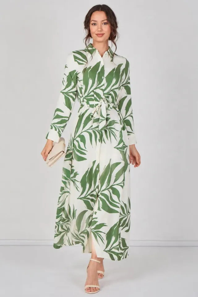 Love Sunshine Green Palm Print abito camicia verde maxi