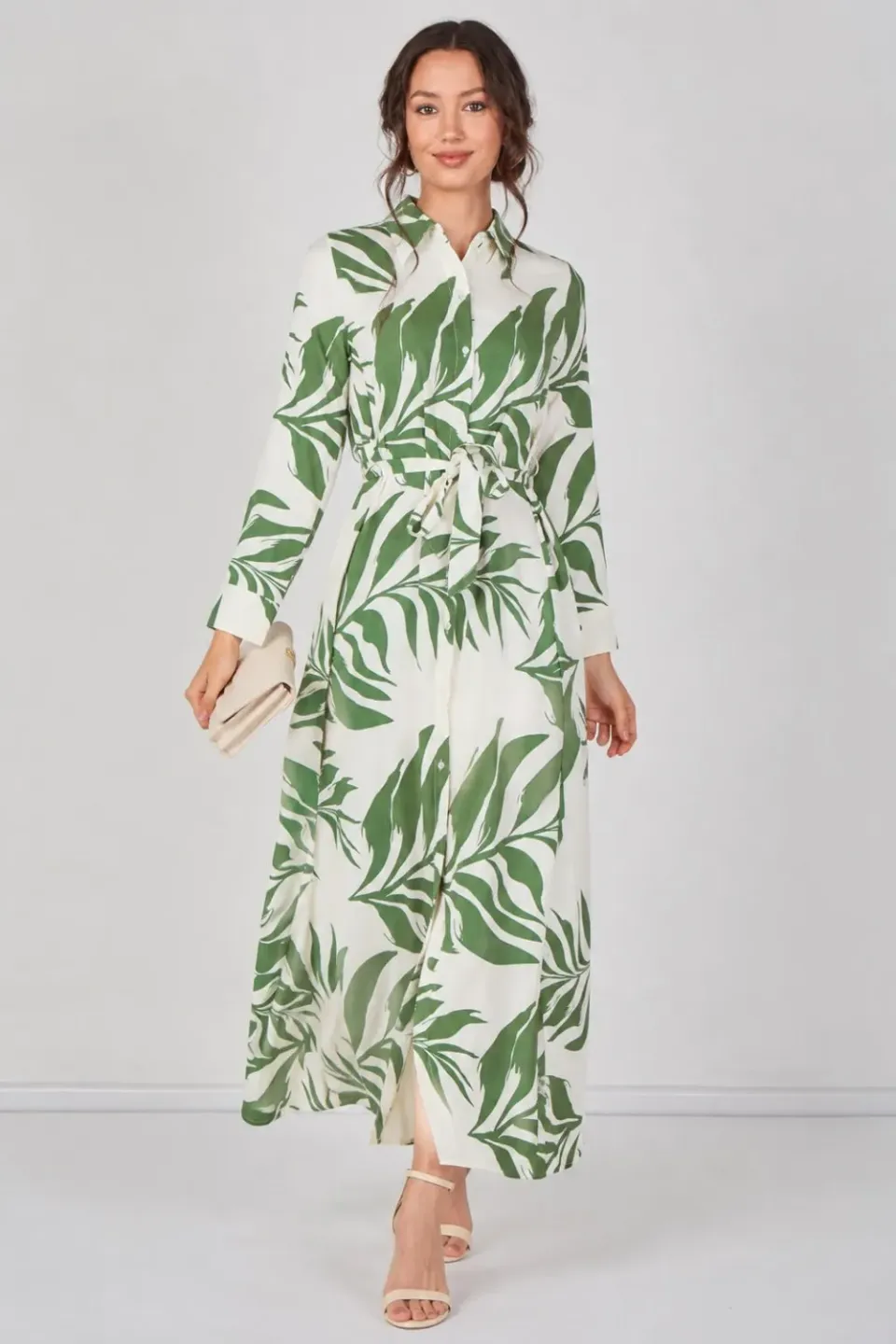 Love Sunshine Green Palm Print abito camicia verde maxi