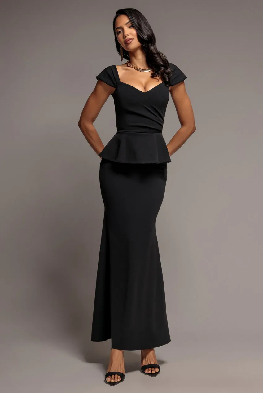 Goddiva Abito Maxi Scuba Peplo Nero Scollo Cuore 12