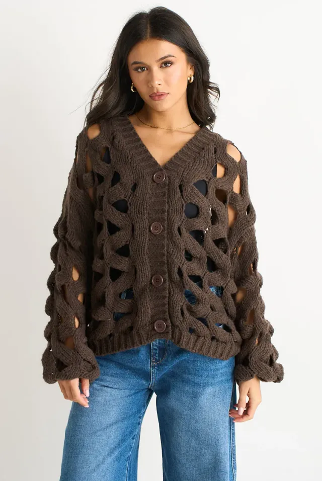 Gini London Hollow Chunky Knit cardigan cioccolato traforato