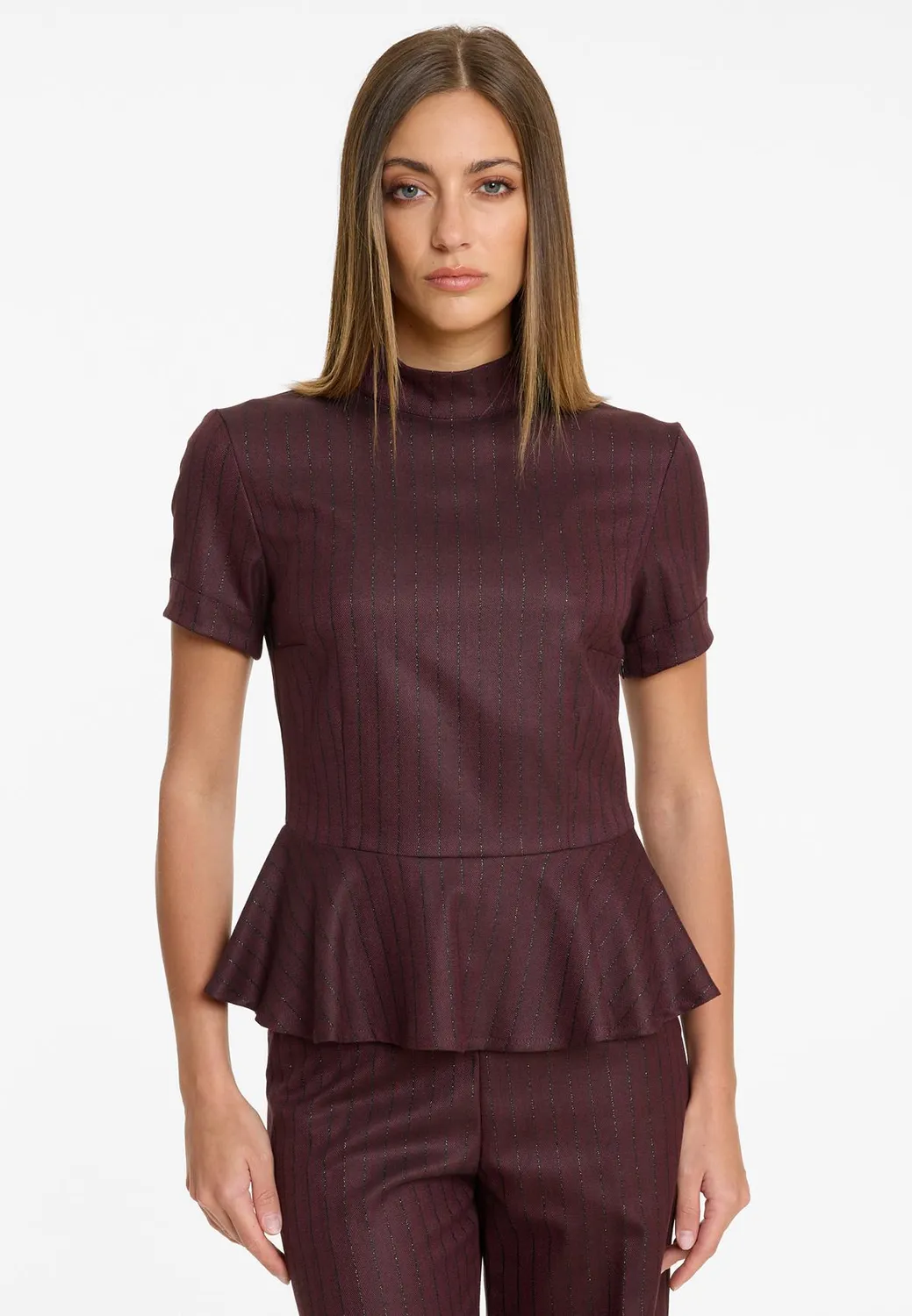 Ana Alcazar Adeno top peplum bordeaux lurex