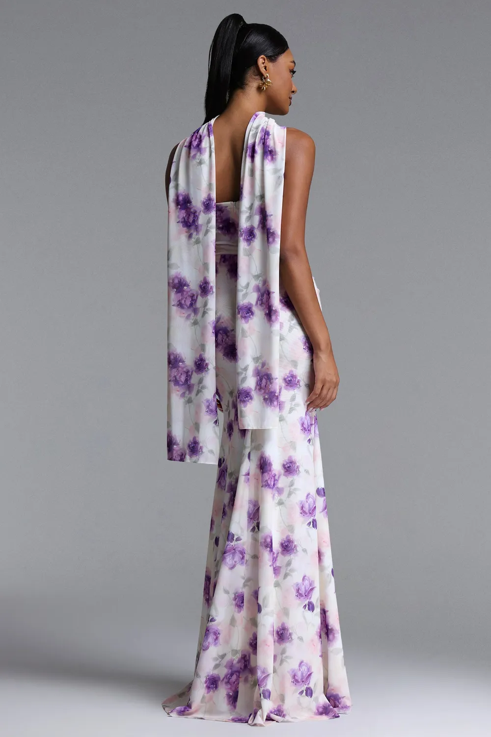 Bella Barnett Olivia abito maxi mesh viola floreale senza spalline