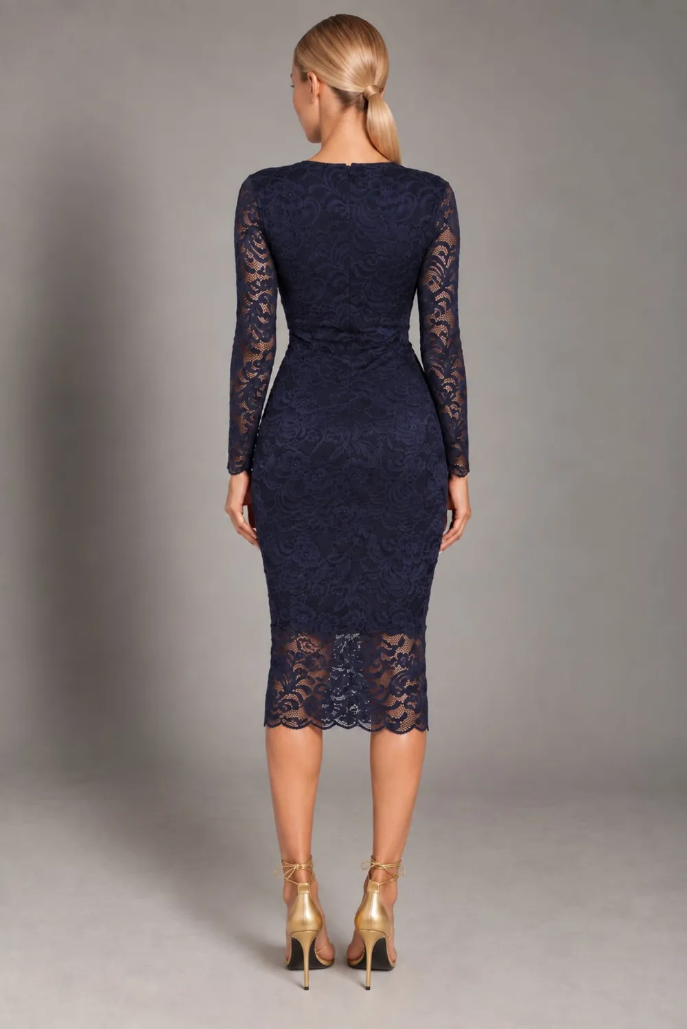 Honor Gold Lana abito midi pizzo navy maniche lunghe