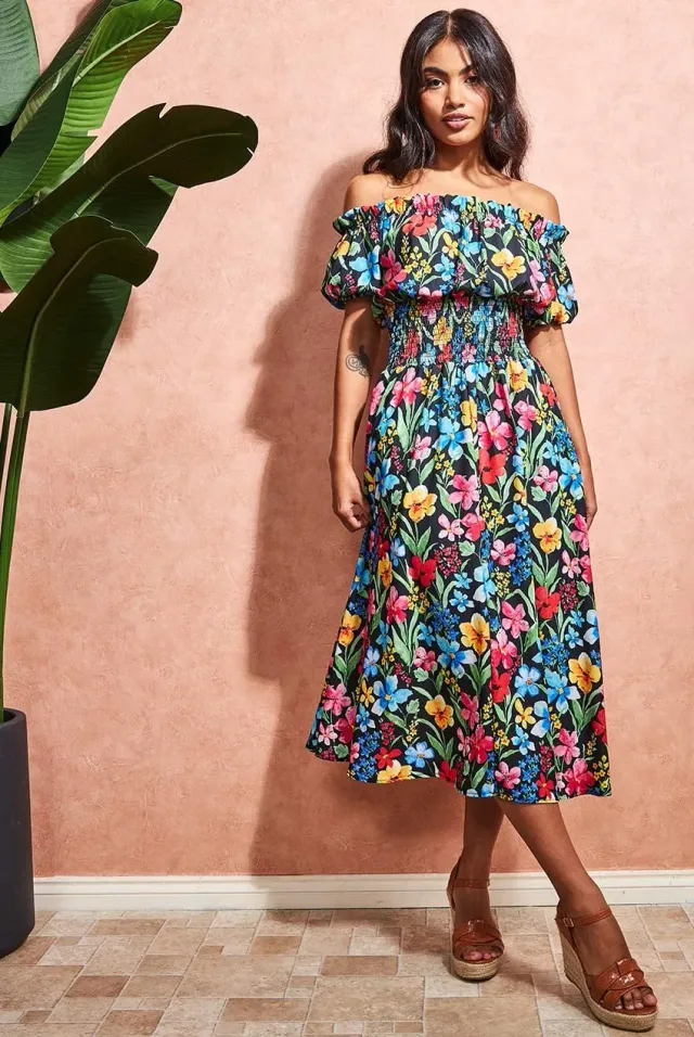 Goddiva Off Shoulder Floral abito midi nero a fiori