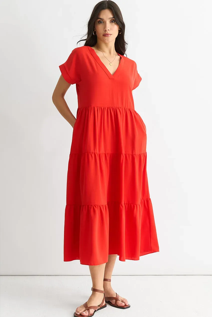 Gini London Smock abito midi rosso scollo a V tasche
