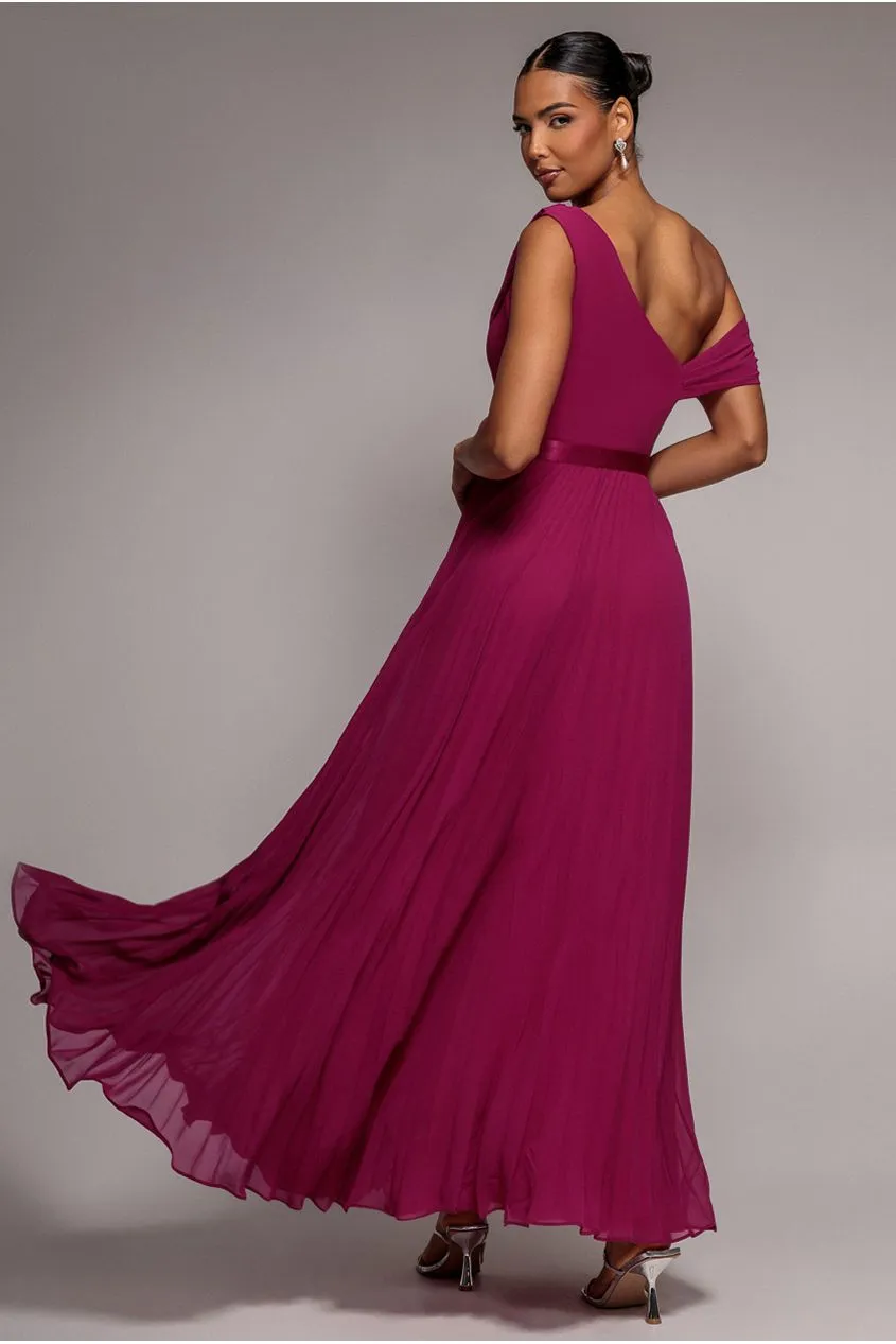 Goddiva Cowl Neck One Shoulder maxi abito chiffon magenta