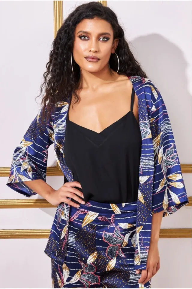 Goddiva Printed Satin Kimono kimono raso blu navy