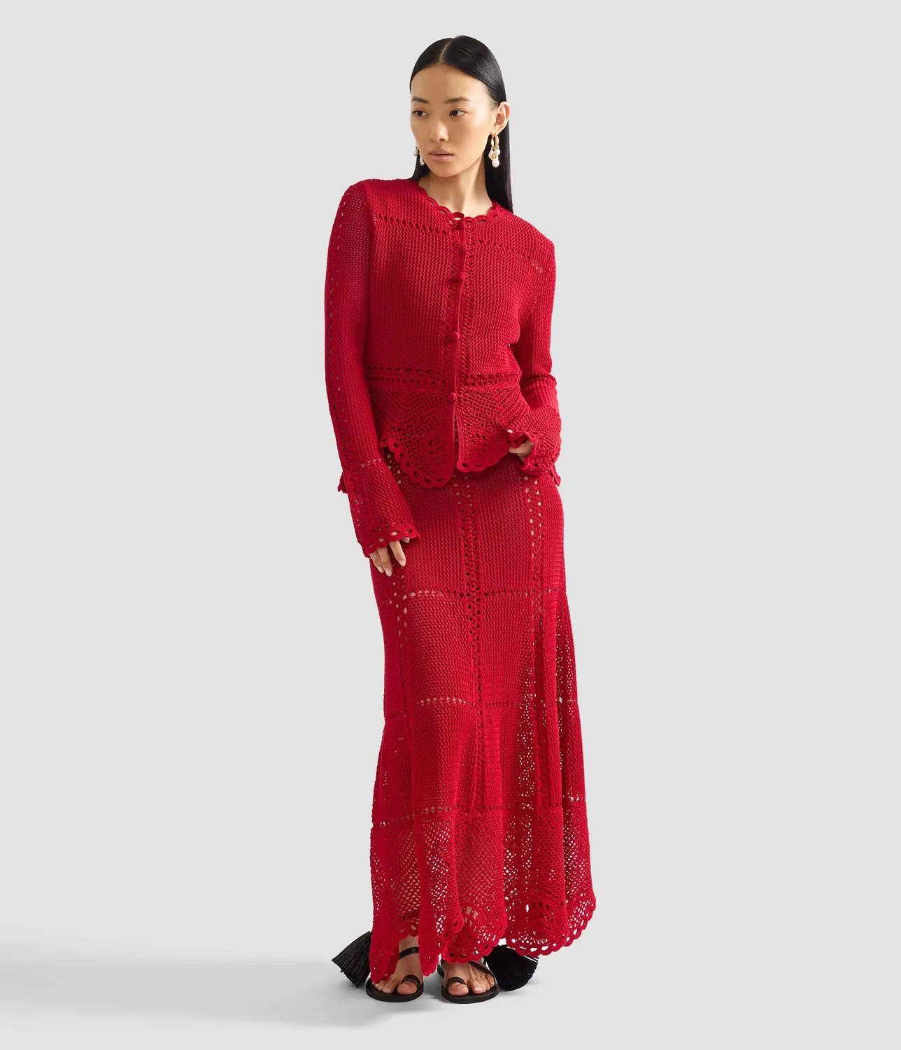 Erdem Cardigan Peplum Uncinetto Cotone Rosso