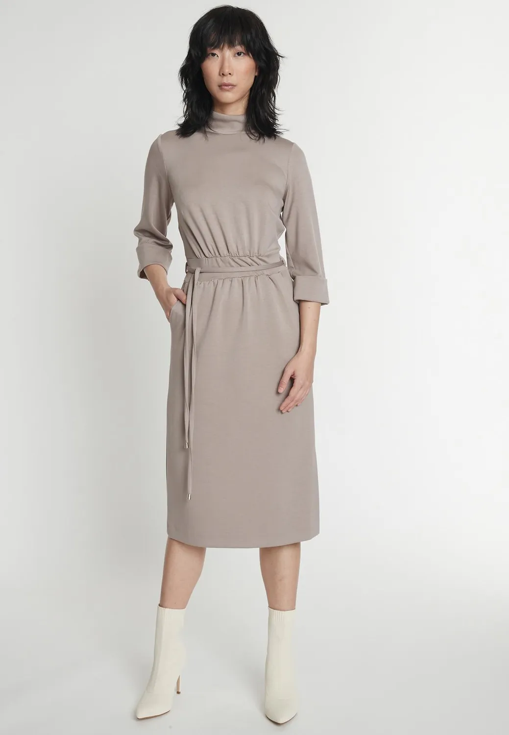 Ana Alcazar Hegly abito midi jersey beige collo alto