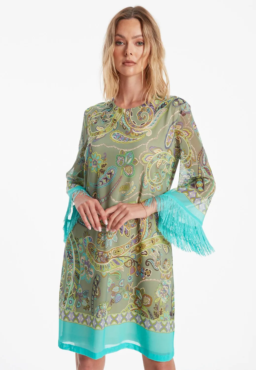 Ana Alcazar Zikona abito frange paisley verde acqua