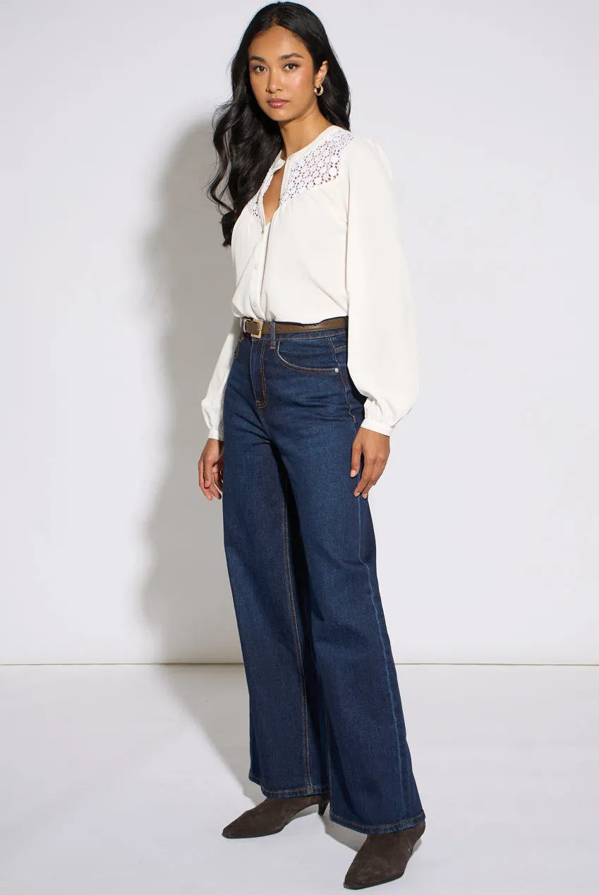 Gini London Jeans Vita Media Blu Gamba Larga in Denim