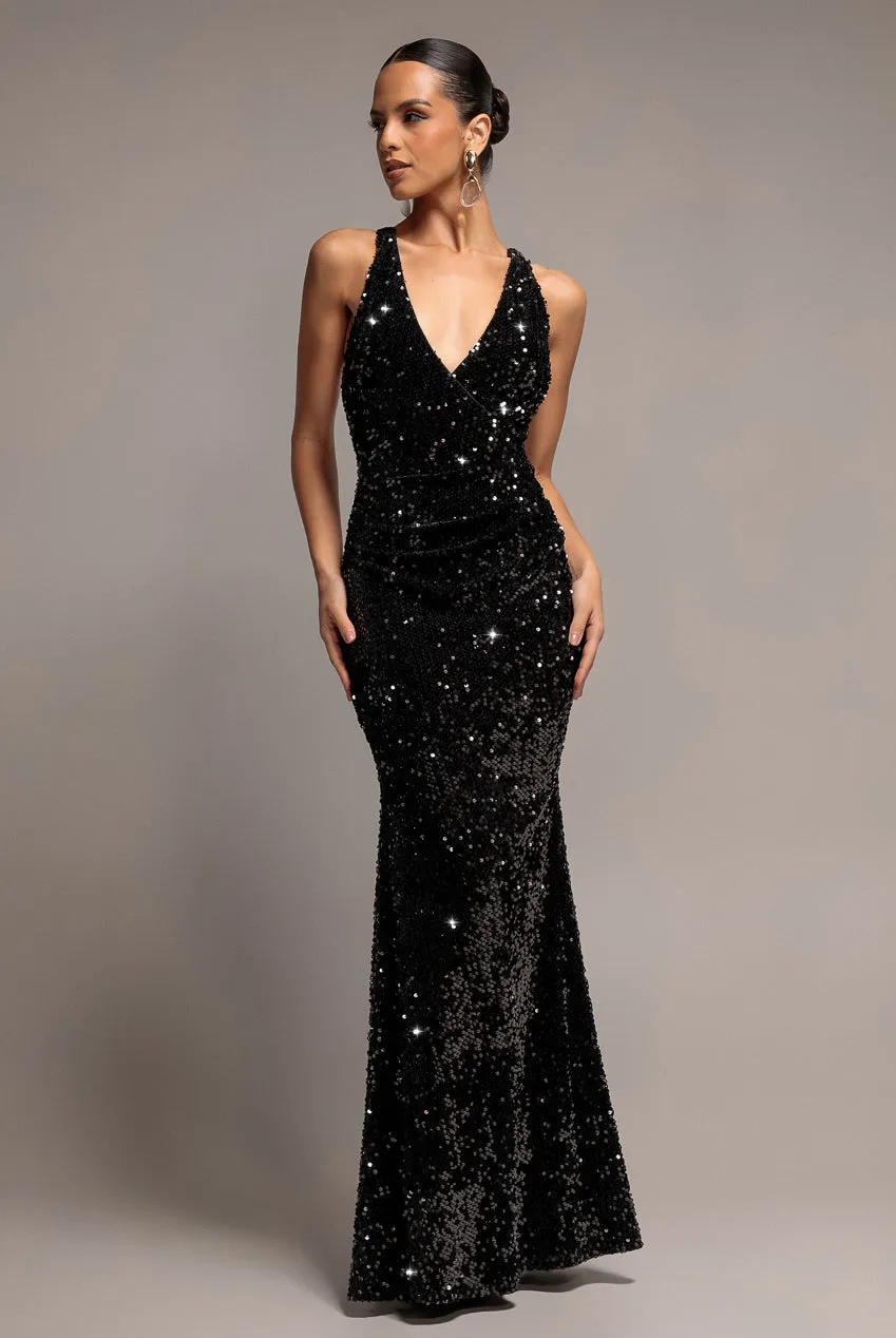 Goddiva Sequin Velvet DR5257 abito lungo nero scollo V