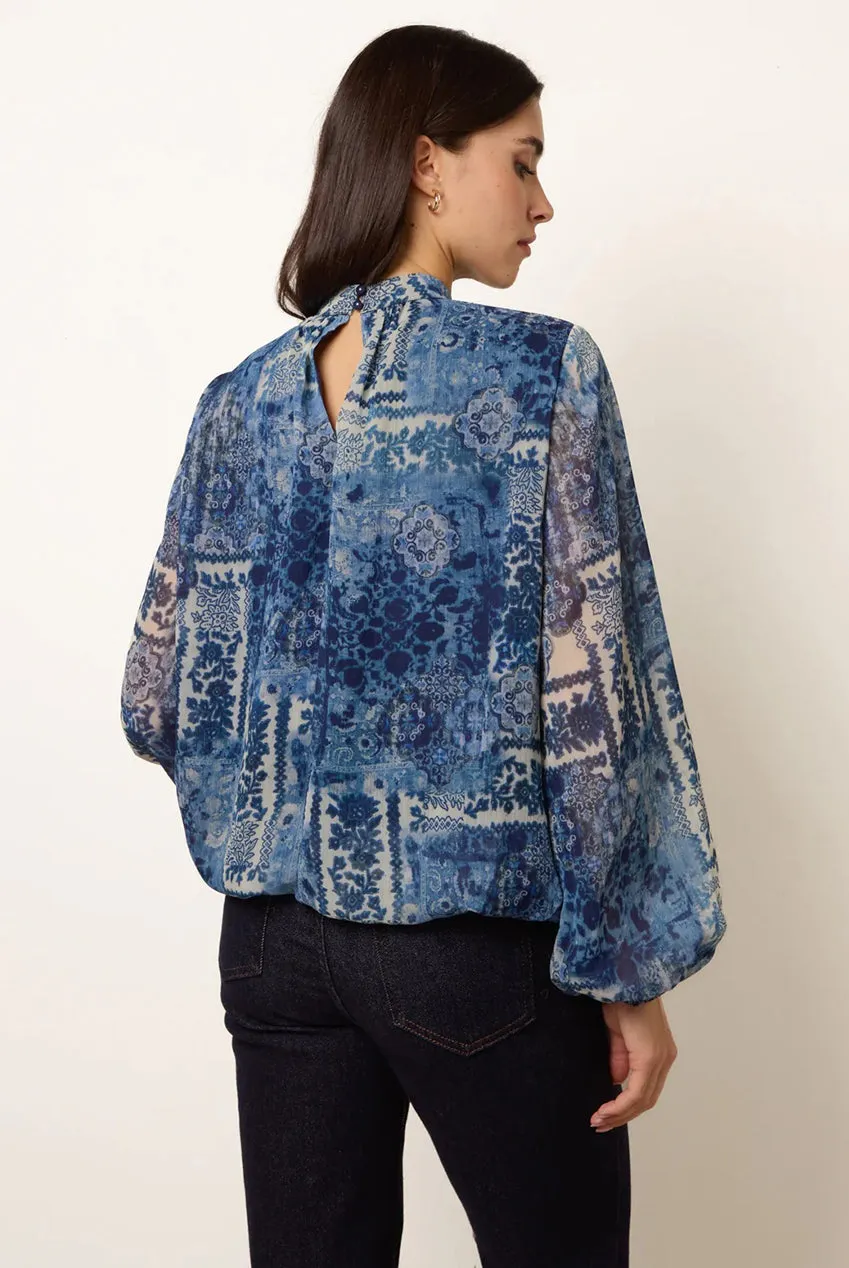 Blue Vanilla top navy paisley collo alto manica lunga
