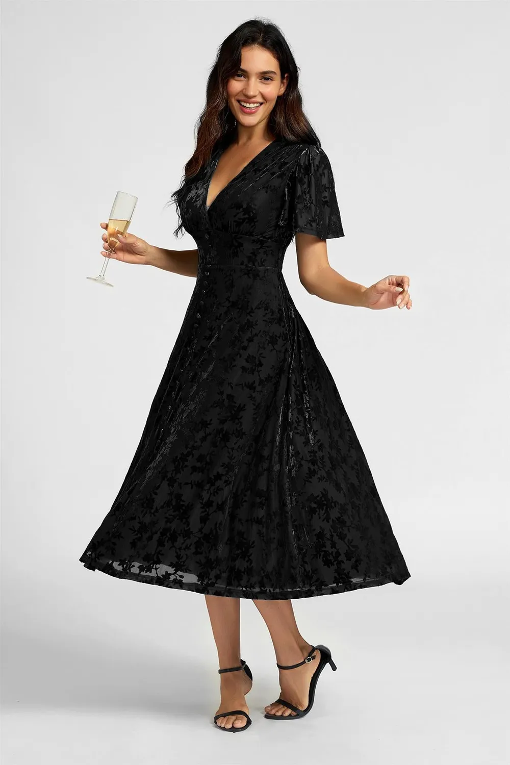 FS Collection Floral Velvet Devore V Neckline abito nero midi