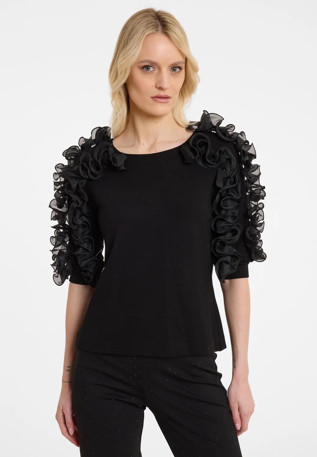 Ana Alcazar Agrali top nero jersey volant chiffon