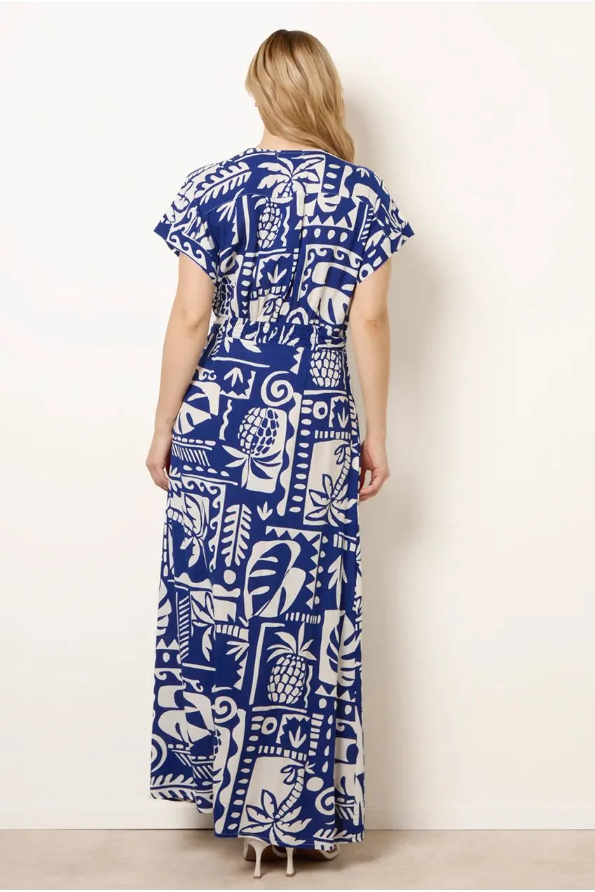 Blue Vanilla abito maxi blu royal stampa tropicale