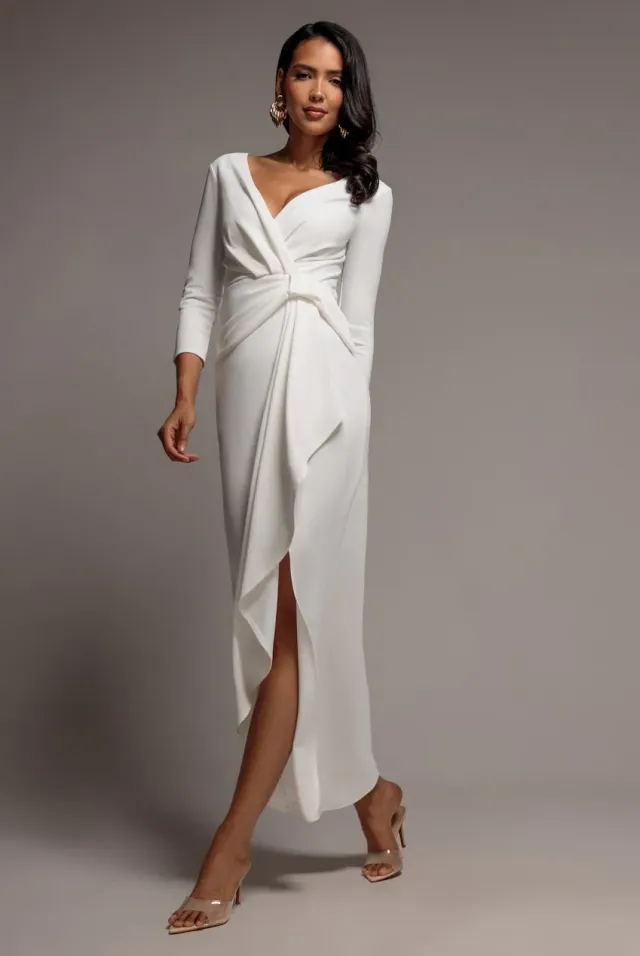 Goddiva Front Wrap abito maxi bianco scuba drappeggiato