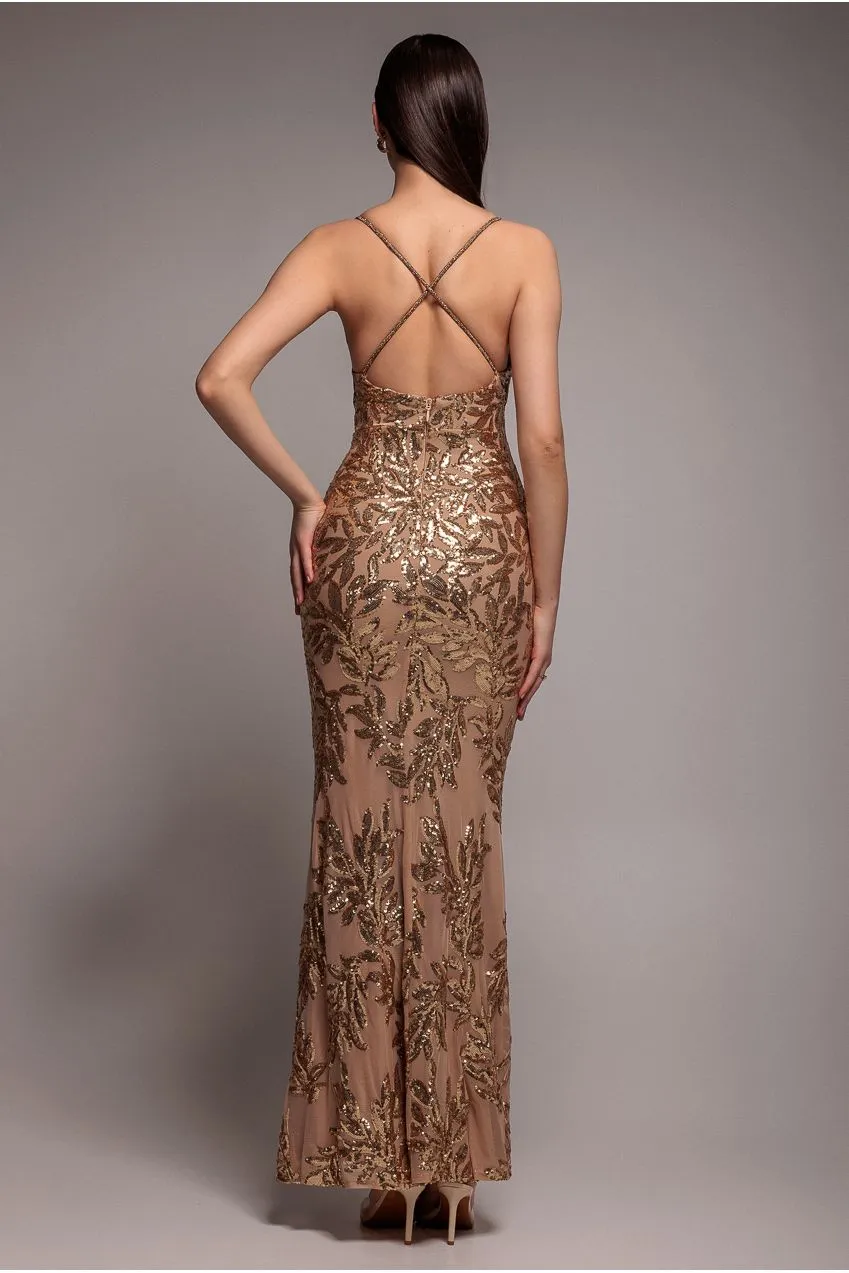 Goddiva Cross Back Diamante Strap abito paillettes oro maxi