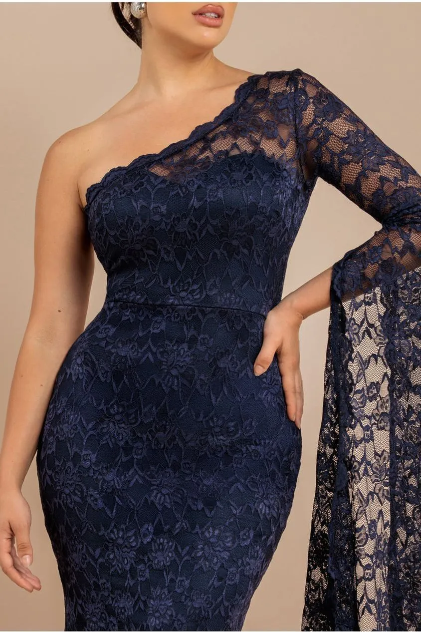 Goddiva One Shoulder Scalloped abito maxi blu scollatura