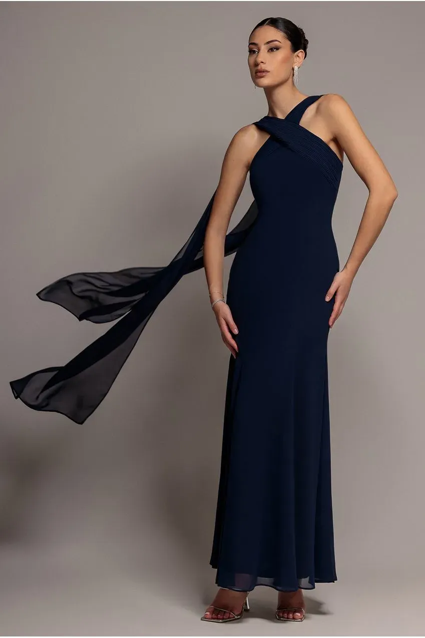 Goddiva Cross Front Scarf maxi abito blu navy chiffon