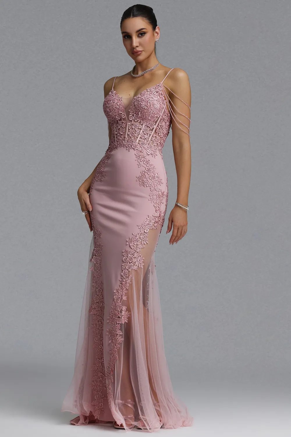 Bella Barnett Encho abito sirena pizzo floreale rosa