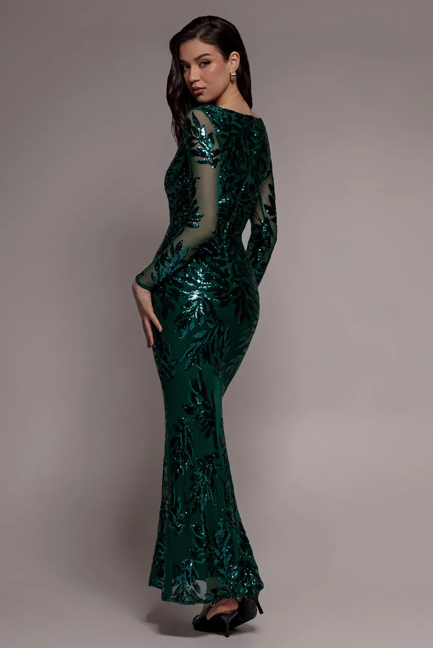 Goddiva Sequin Leaf Abito Maxi Smeraldo Taglia 10 paillettes