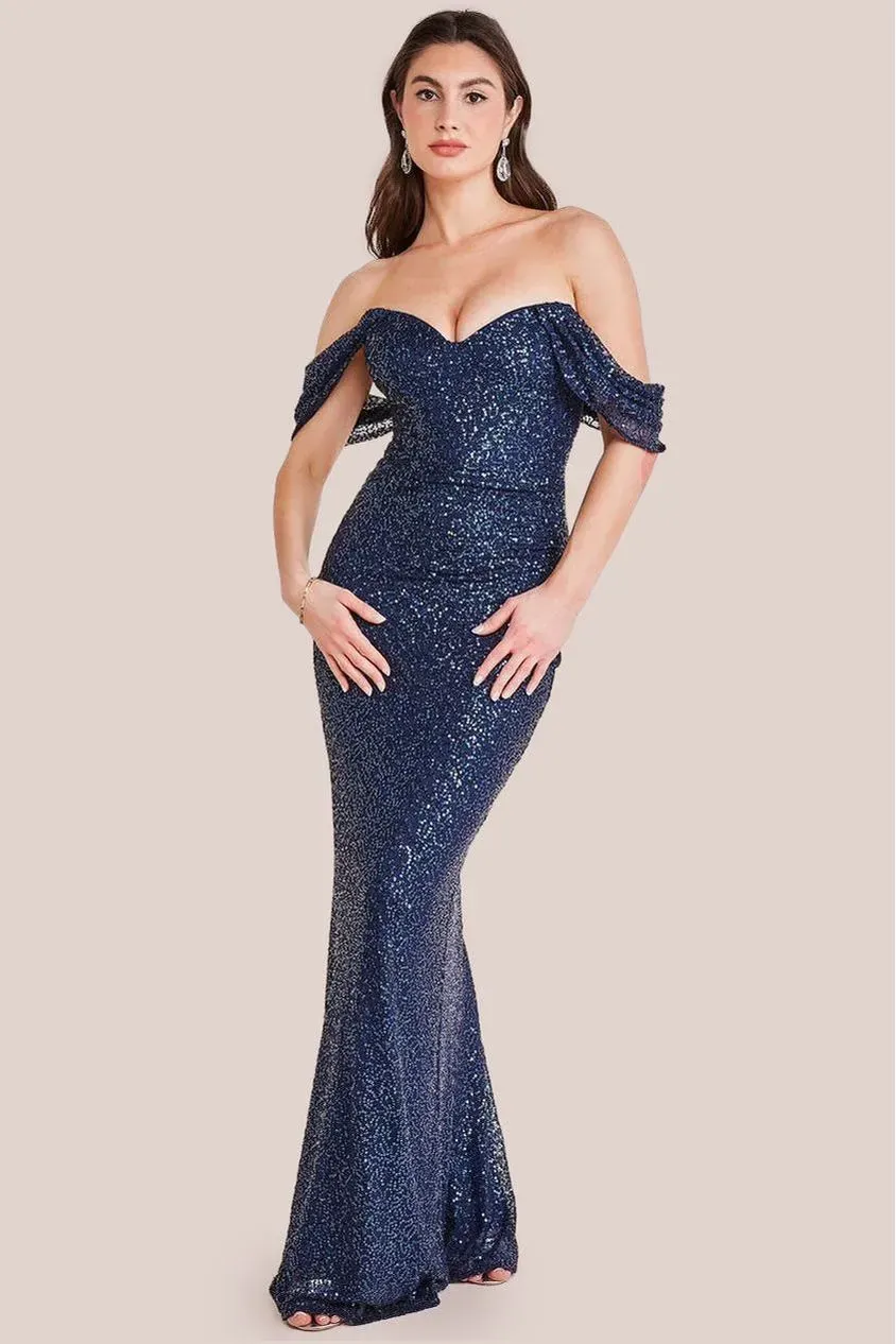 Goddiva Sequin Wing abito maxi navy paillettes sirena